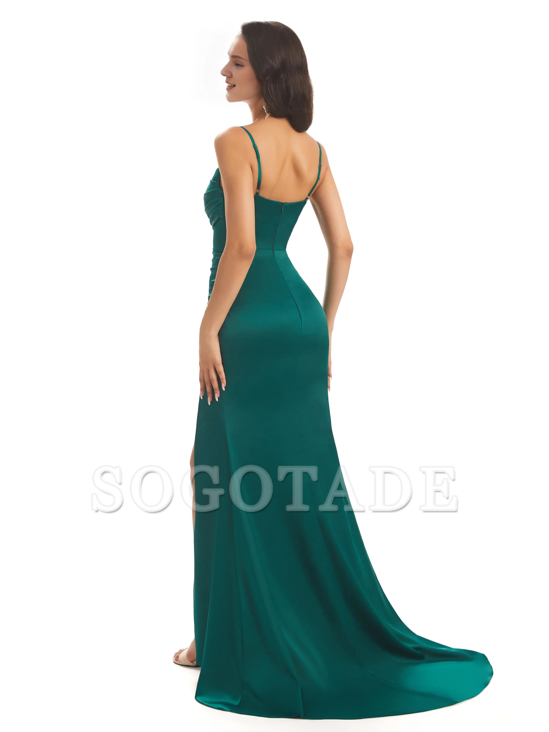 Sexy mermaid soft satin thin shoulder strap side slit bridesmaid dress