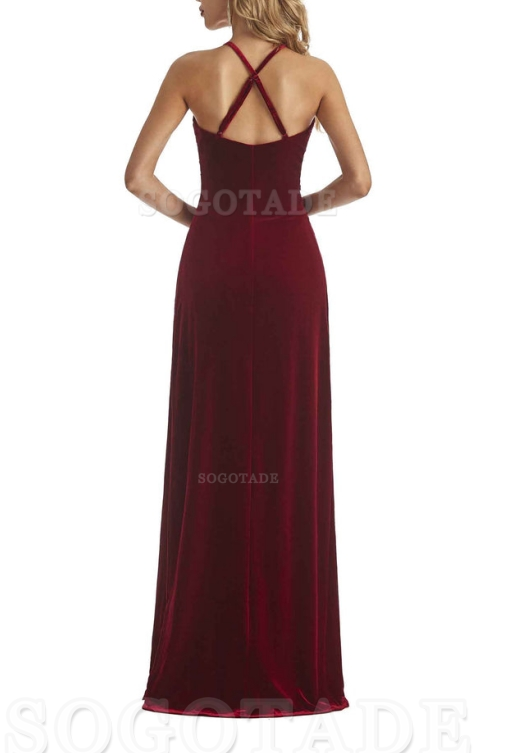 Elegant V-Neck Halter Backless Mermaid Velvet Long Wedding Party Dresses Bridesmaid Dresses Formal Women's Dresses Wedding Guests Dresses