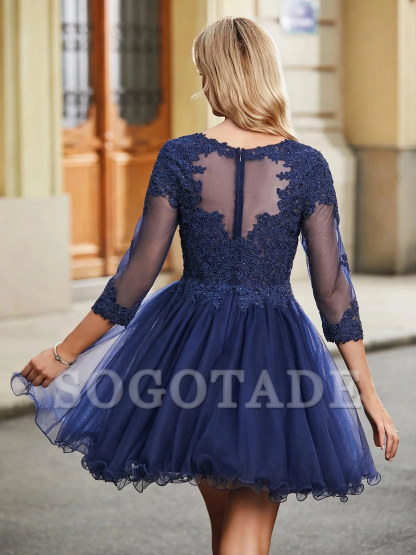 A-line long sleeved low round lace chiffon Homecoming dress-SOGOTADE