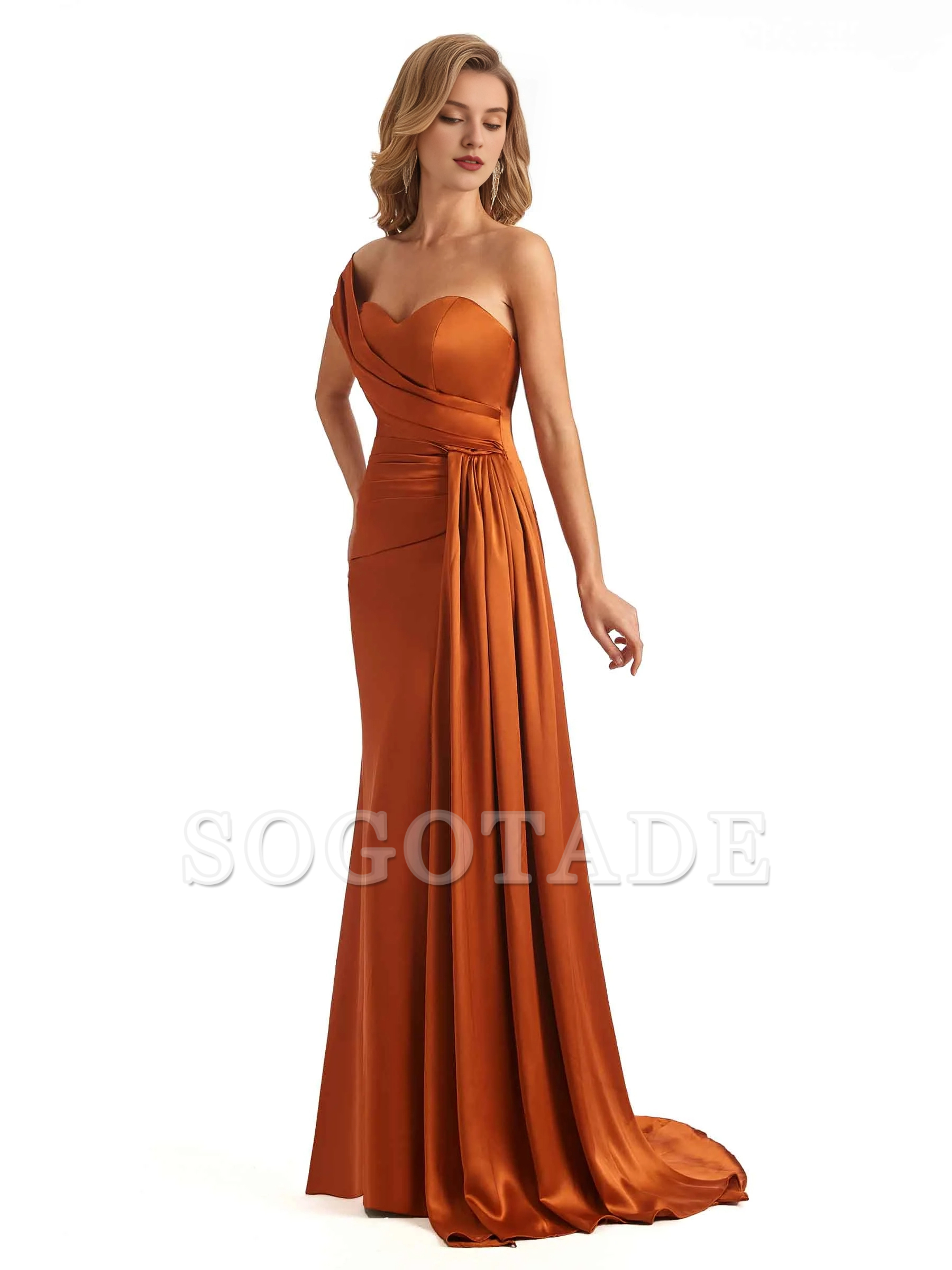 Elegant one shoulder soft satin long fish tail bridesmaid dress