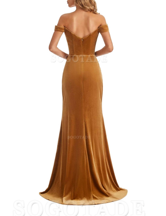 Elegant Simple Mermaid Off The Shoulder Backless Side Slit Velvet Long Charming Bridesmaid Dresses Formal Women's Dresses Wedding Guests Dresses
