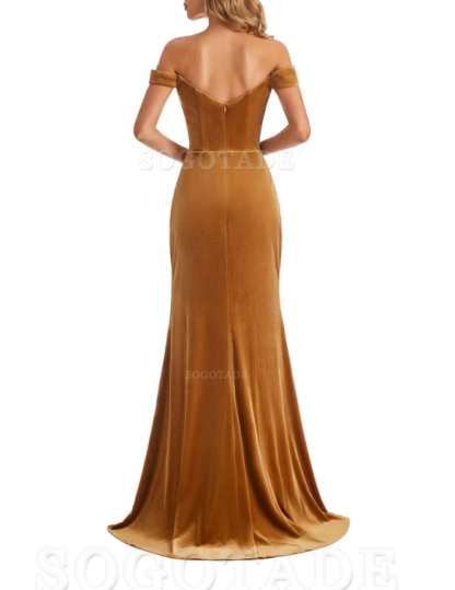Elegant Simple Mermaid Off The Shoulder Backless Side Slit Velvet Long Charming Bridesmaid Dresses Formal Women's Dresses Wedding Guests Dresses