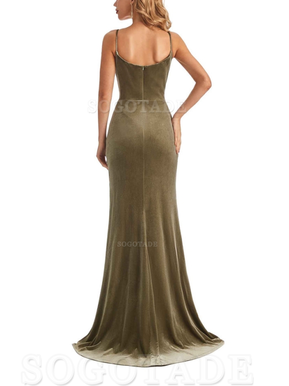 Elegant High Quality Mermaid Spaghetti Straps Cowl Velvet Side Slit Long Exquisite Bridesmaid Dresses Formal Women's Dresses Wedding Guests Dresses