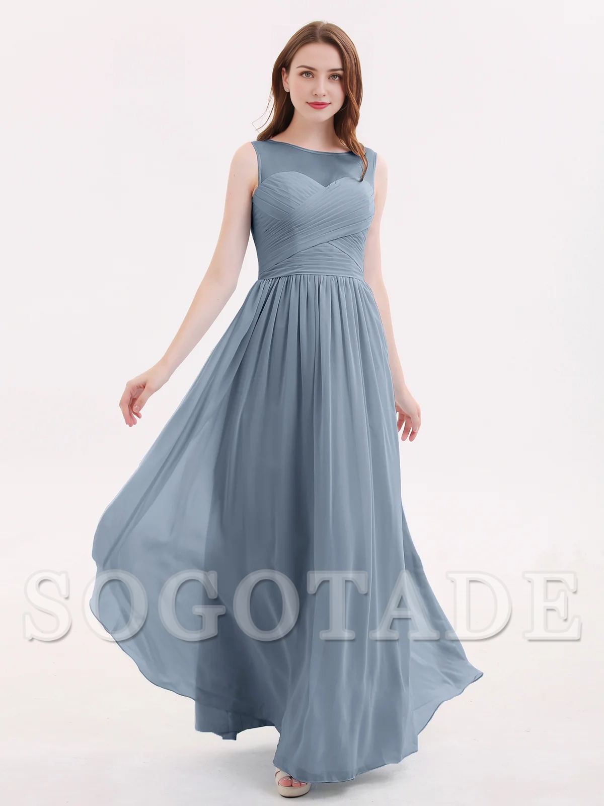 Illusionary collar chiffon long dress