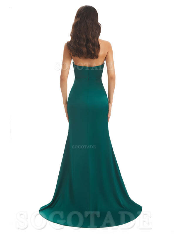 Mermaid sleeveless Satin formal dresses evening gown Bridesmaid Dresses With Side Slit 