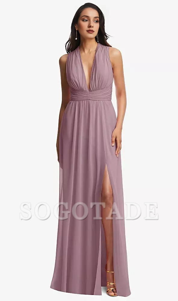 Parallel Crepe Deep V-neck backless Chiffon Long Prom Dress