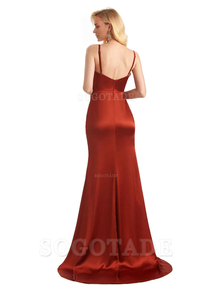 Sexy Charming Side Slit V-Neck Pleated Spaghetti Straps Backless Satin Bridesmaid Dresses Formal Women's Dresses Wedding Guests Dresses