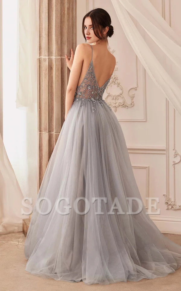 A-line deep V-neck embroidered chiffon thin shoulder strap chiffon prom dress-SOGOTADE