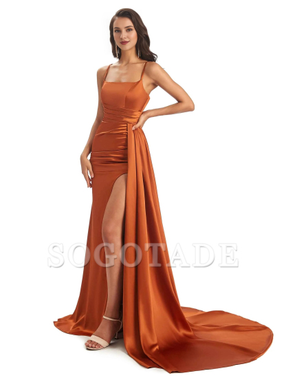 Sexy and soft satin side slit thin shoulder strap long fish tail bridesmaid dress