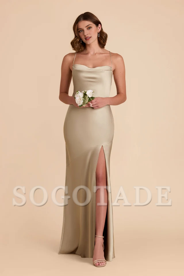 A-line neck hanging thin shoulder strap scarf with slit bridesmaid dress