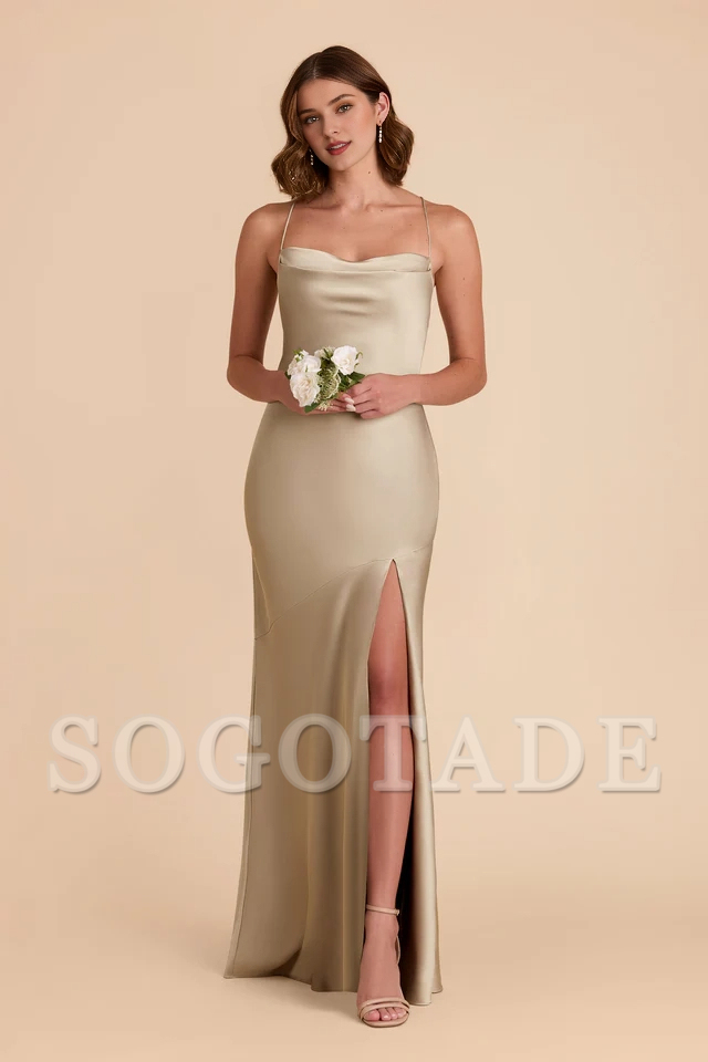 A-line neck hanging thin shoulder strap scarf with slit bridesmaid dress
