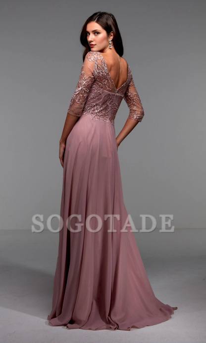 Chiffon lace illusion collar flowing formal long style mothers of the bride dresses