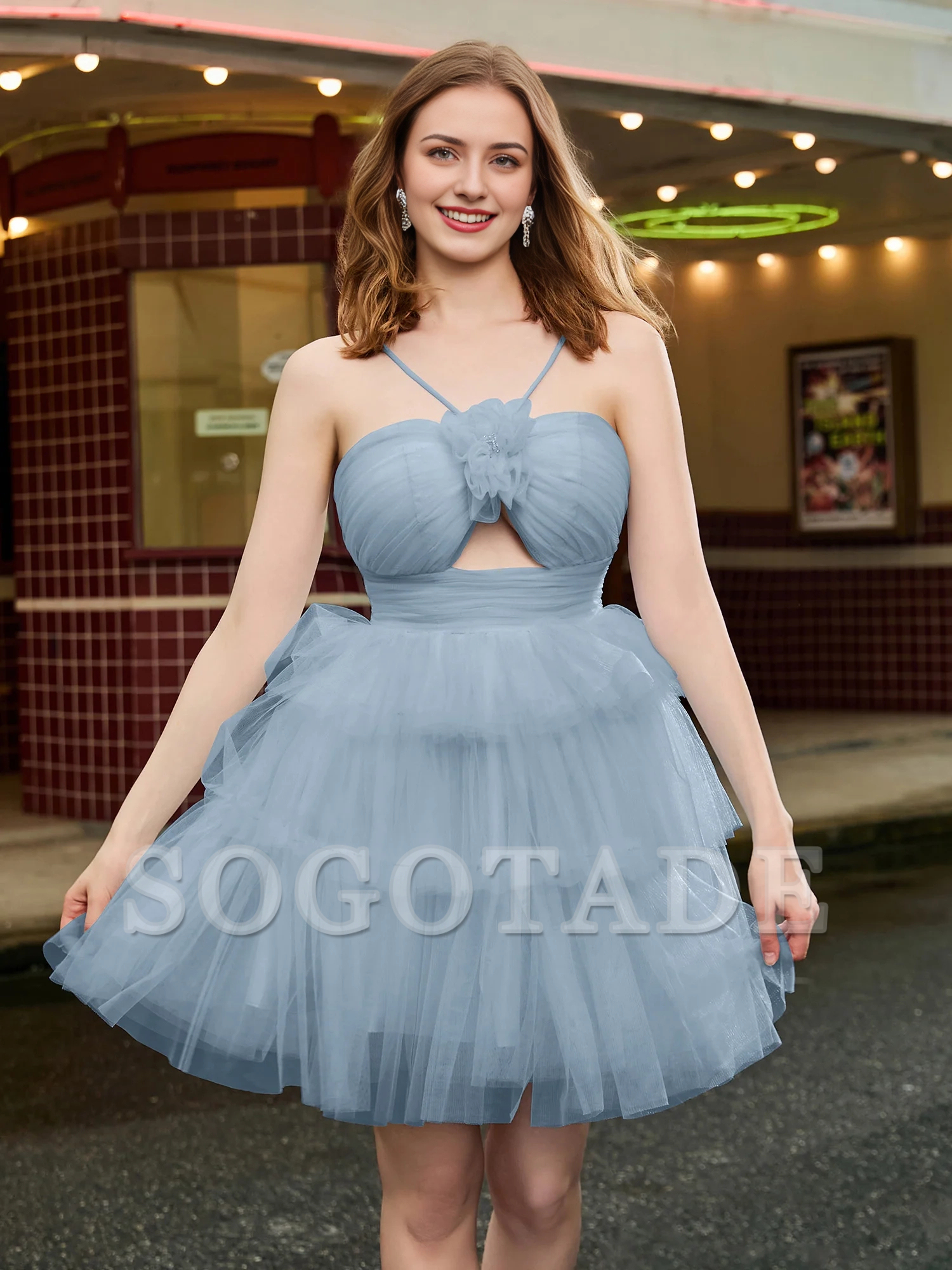 A-line hanging neck thin gauze layered short Homecoming dress-SOGOTADE