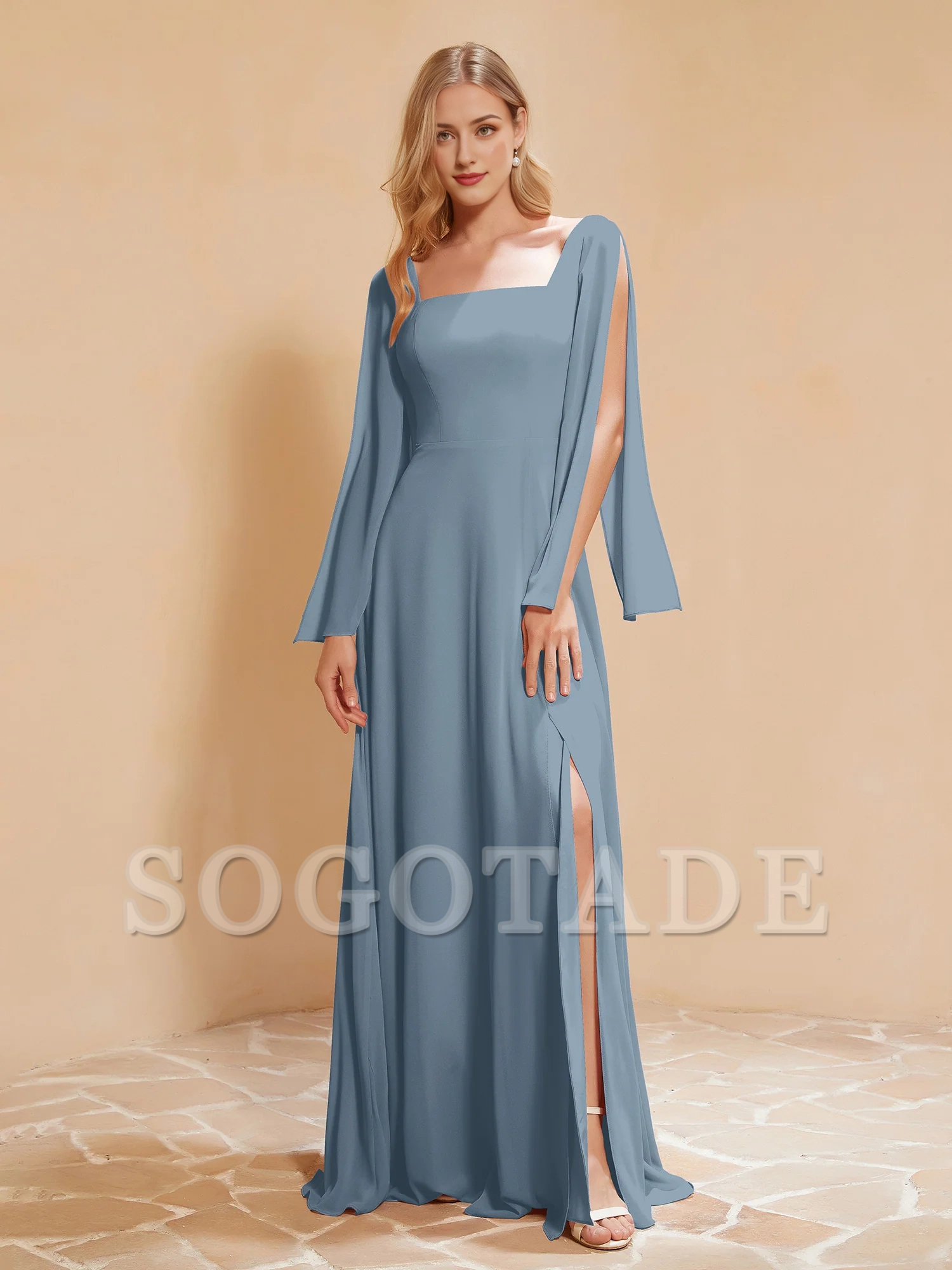 Square neck pleated chiffon and floor dress