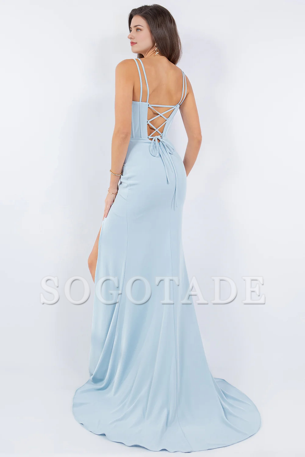 Fitted slit skirt long sleeveless tight corset dress