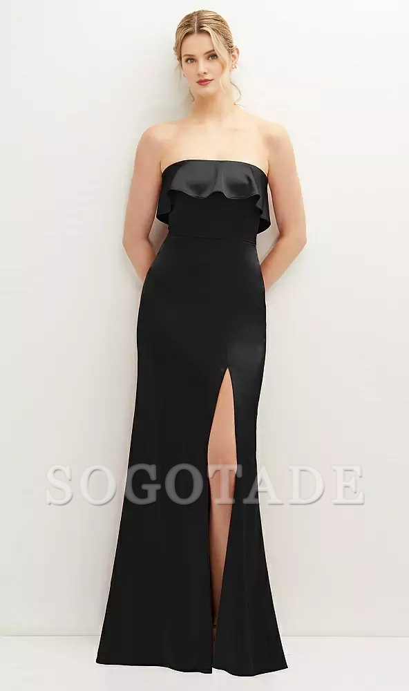 Soft ruffled edge strapless front slit horn and floor length Prom dress