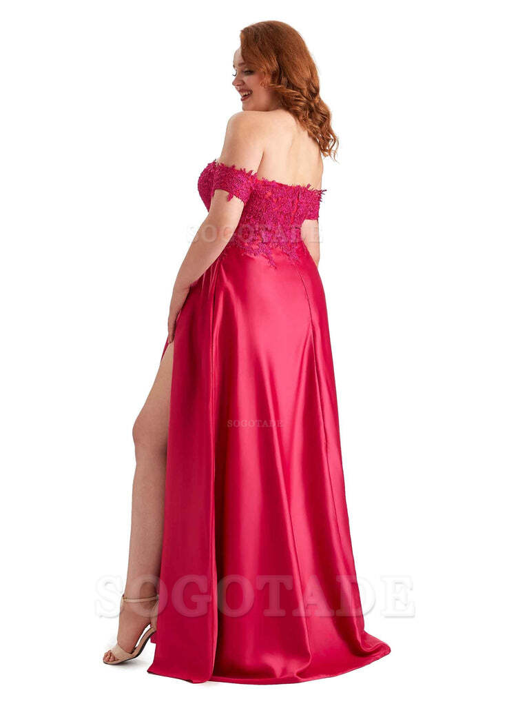 Off Shoulder Side Slit Lace Soft Satin Long Plus Size Bridesmaid Dresses For Wedding
