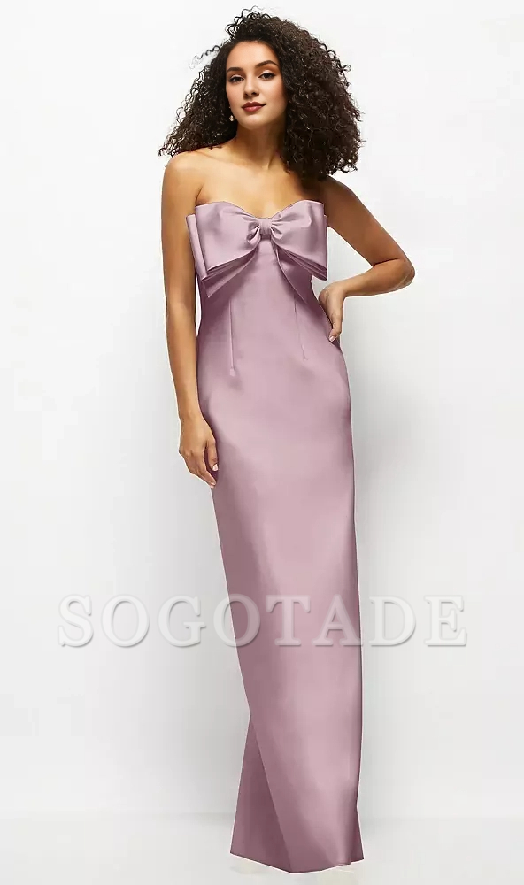 Handmade oversized bow strapless satin long bridesmaid dress