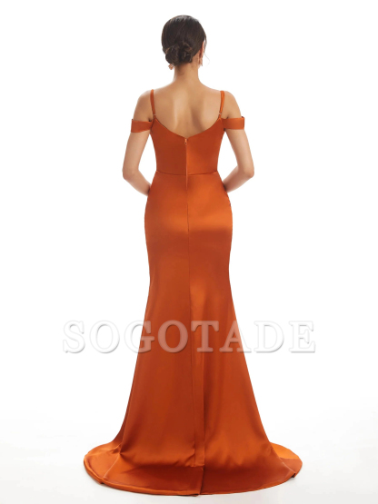 Sexy off shoulder soft satin side slit long fish tail bridesmaid dress