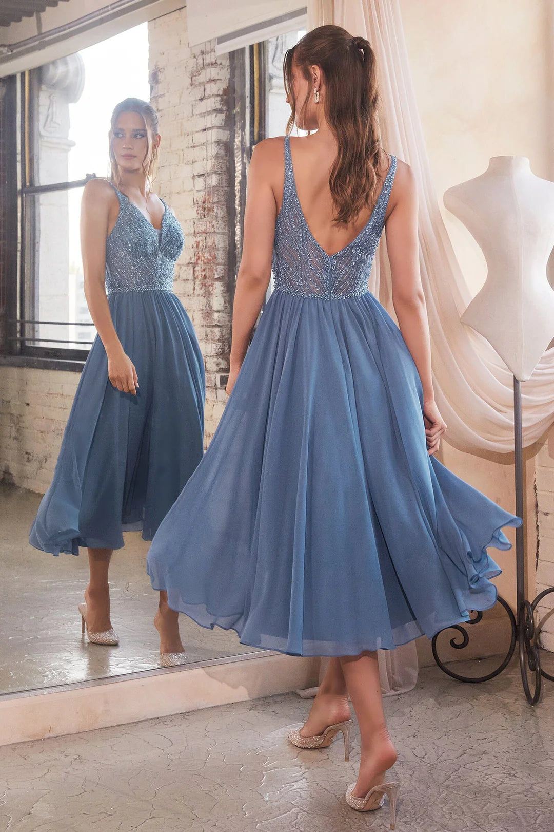 A-line bead embellished chiffon sleeveless V-neck tea long dress-SOGOTADE