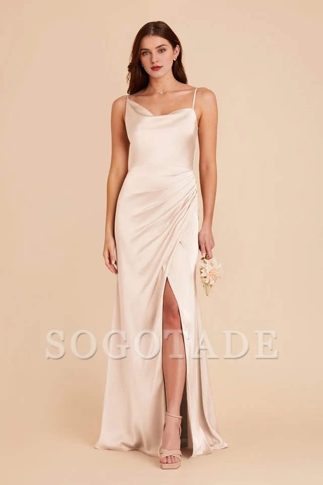 Asymmetric collar satin pillar wrapped slit bridesmaid dress