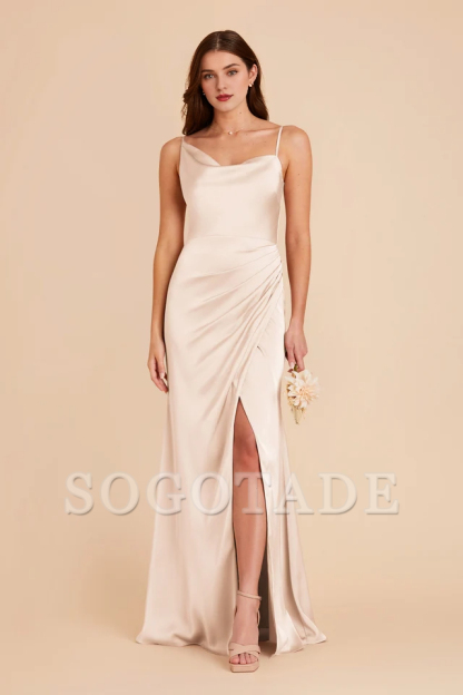 Asymmetric collar satin pillar wrapped slit bridesmaid dress