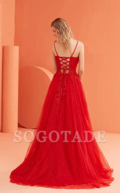 A-line deep V-neckline thin shoulder straps embroidered chiffon side slits and floor length Prom dress-SOGOTADE