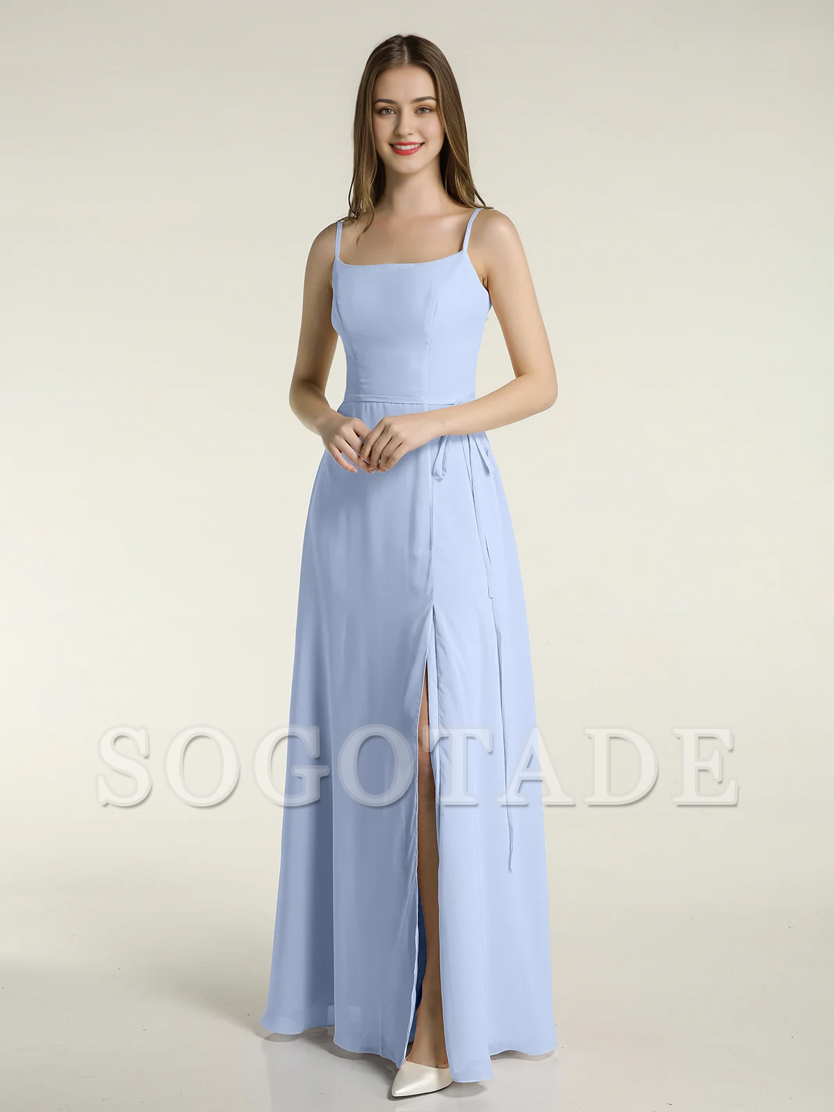 Simple slim shoulder strap slit chiffon dress