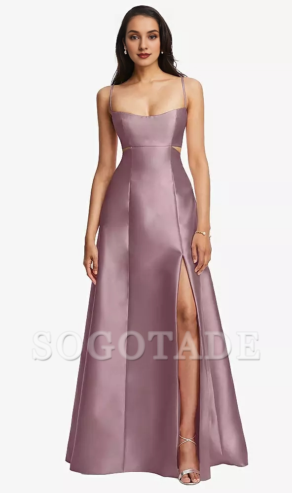Bag open collar hollowed out satin twill A-line Prom dress