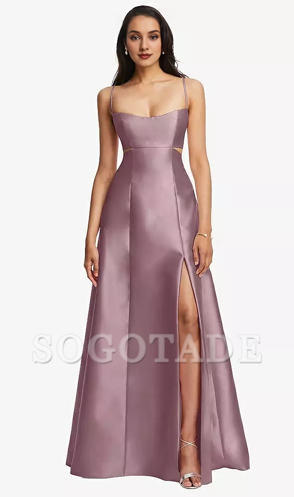 Bag open collar hollowed out satin twill A-line Prom dress