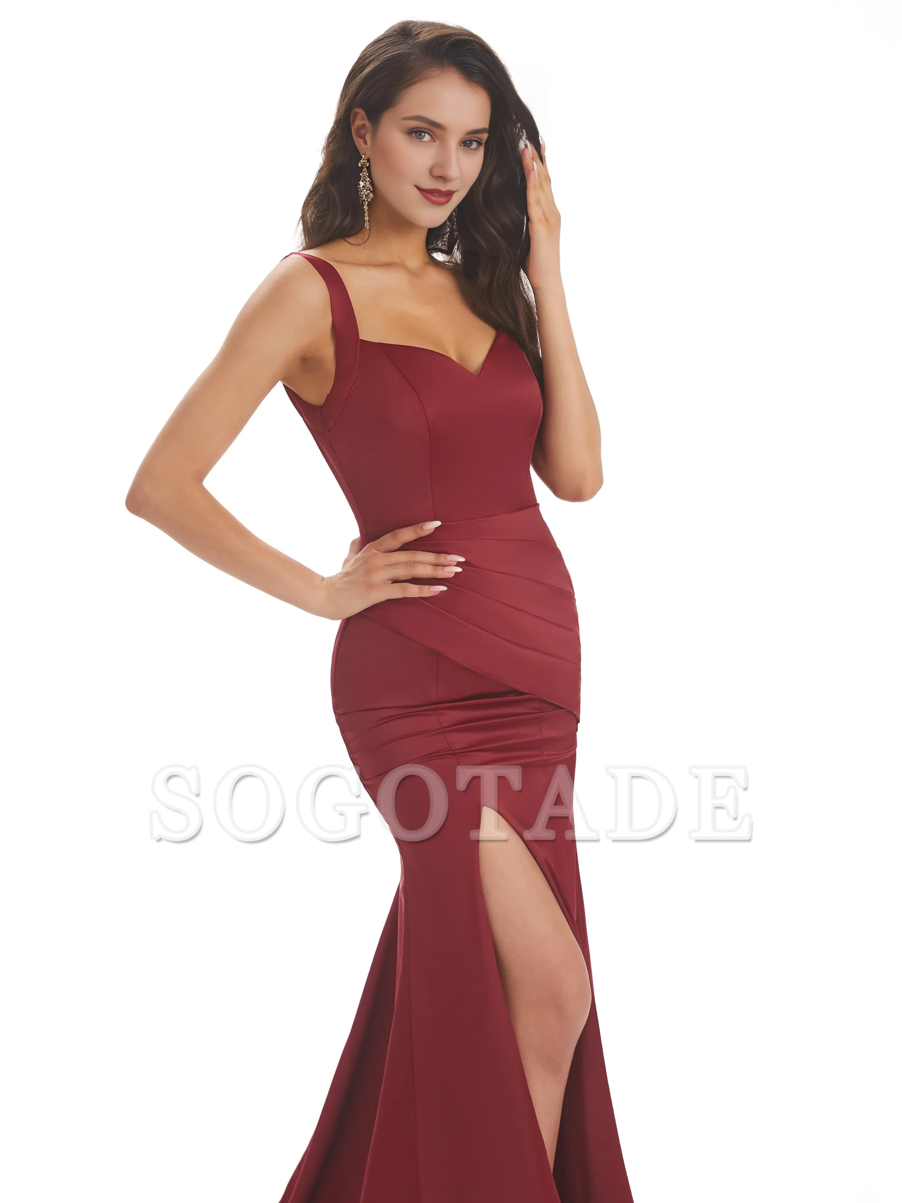 Sexy and soft satin side slit shoulder strap square and floor length fishtail bridesmaid dress