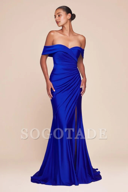 Off shoulder satin side slits and floor length godons evening dresses