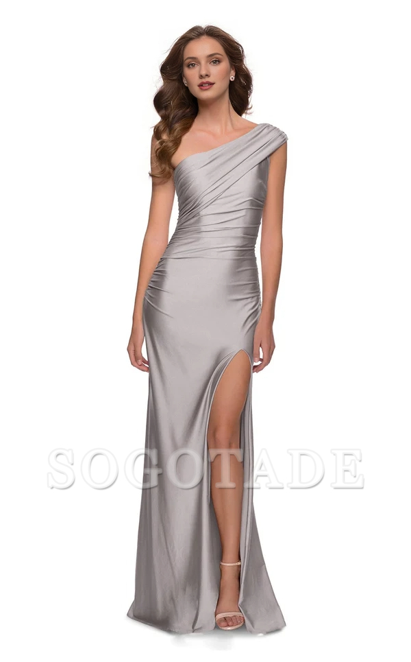Asymmetric collar sleeveless tight corset with side slits and floor length evening gown