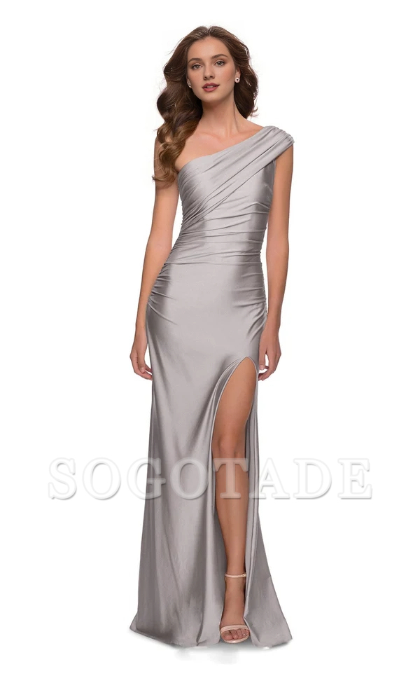 Asymmetric collar sleeveless tight corset with side slits and floor length evening gown