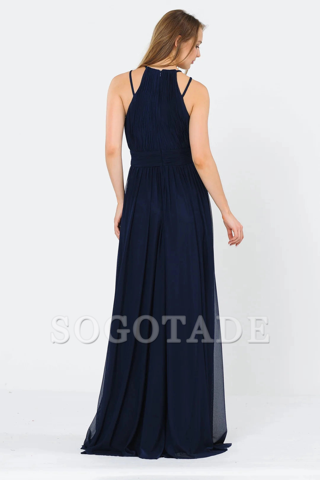 A-line pleated neck hanging long dress