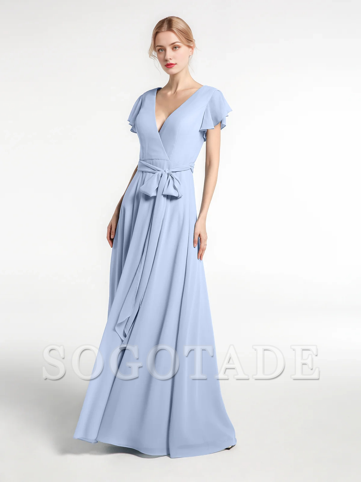 V-neck hooded sleeve self bow chiffon dress