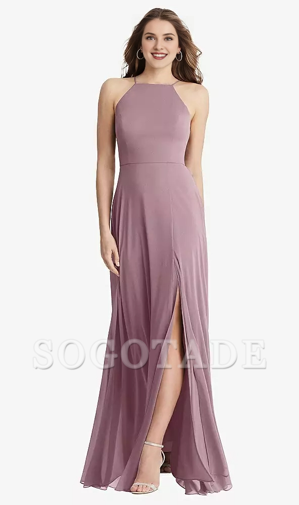 Front slit high neck chiffon long Prom dress