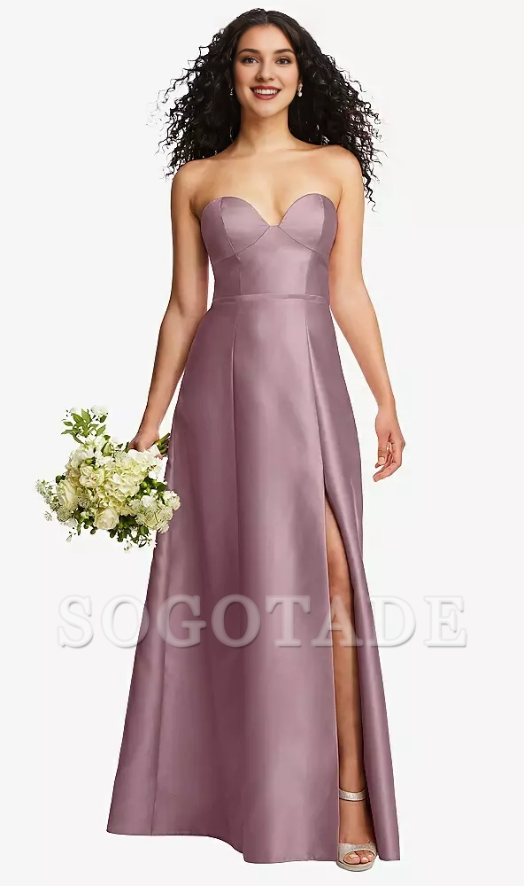 Front slit strapless tight corset A-line satin Prom dress