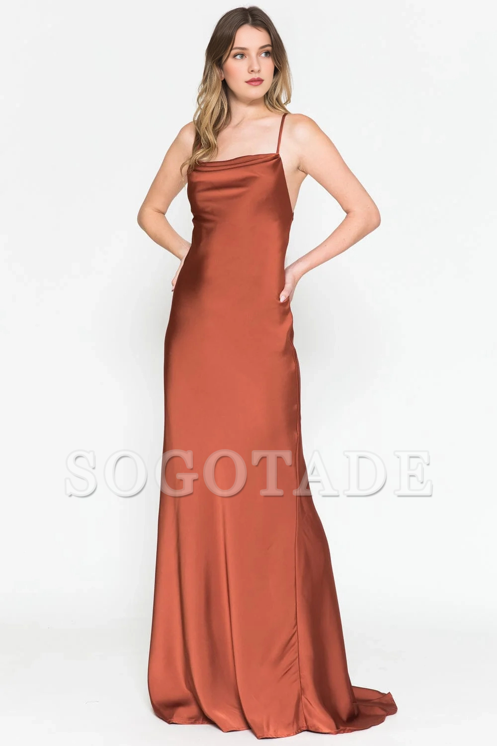 Long sleeveless high neck satin dress