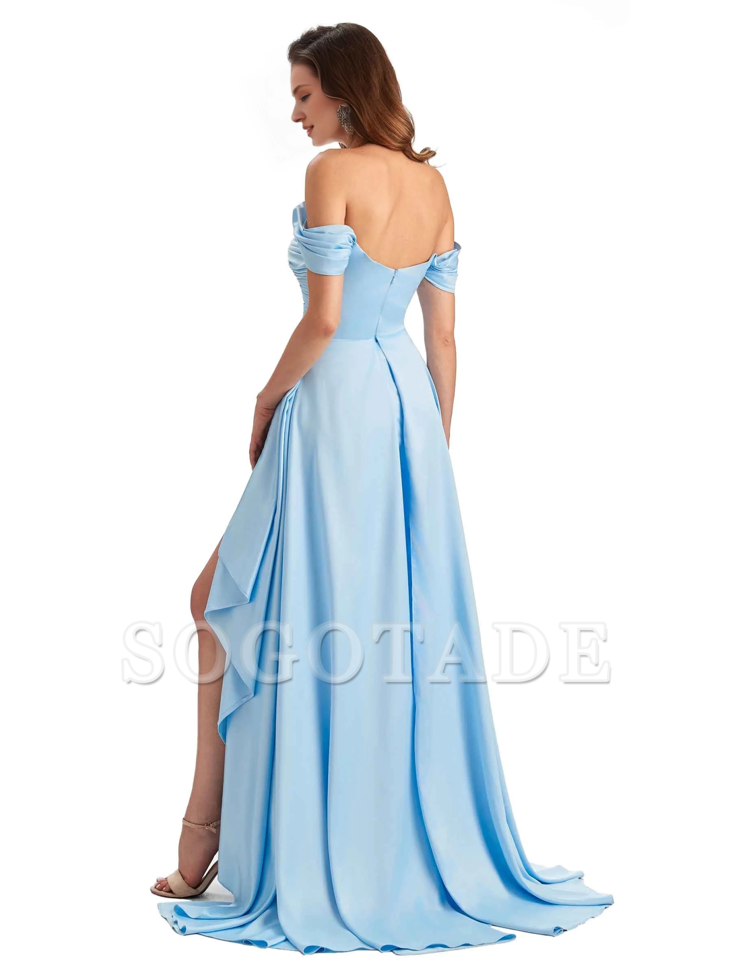 Sexy side slit mermaid soft satin off shoulder long unique bridesmaid dress