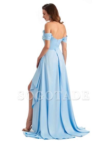 Sexy side slit mermaid soft satin off shoulder long unique bridesmaid dress