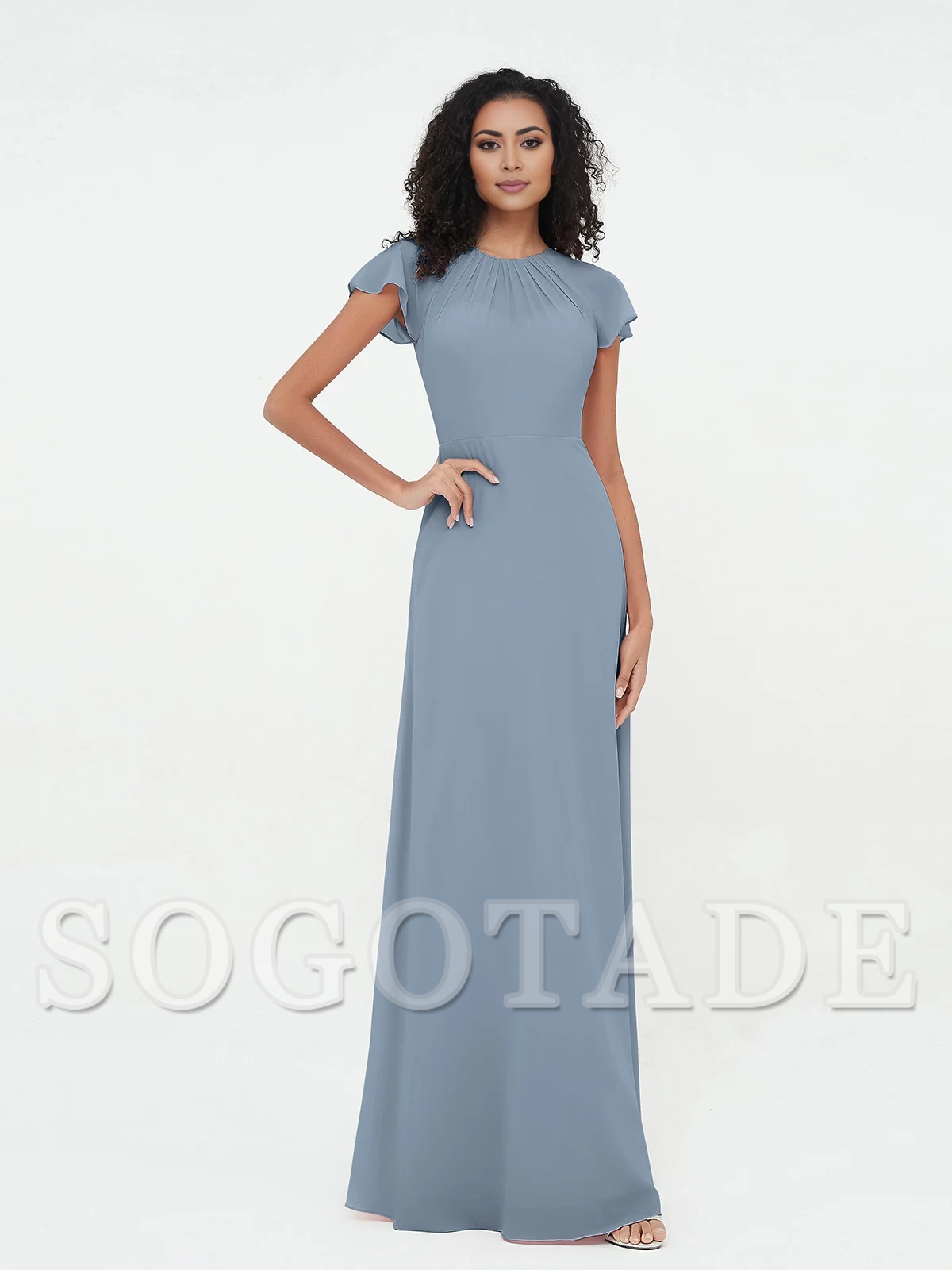 Illusionary collar and sleeve chiffon dress
