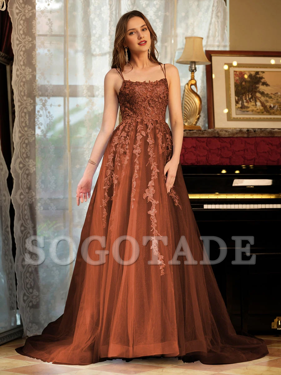 A-line princess chiffon thin shoulder strap embroidered long ball dress