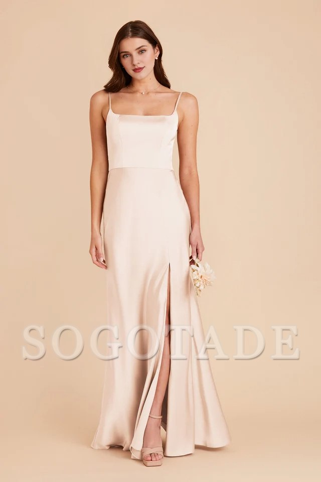 A-line front slit spoon neck satin bridesmaid dress-SOGOTADE