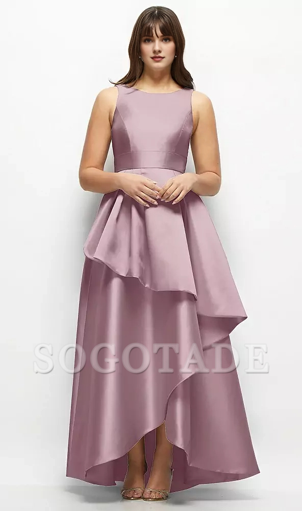 Asymmetric layering and floor length satin Prom dress