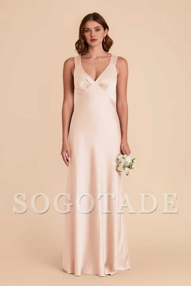 A-line skirt with crossed back and deep V-shaped matte satin bridesmaid dress