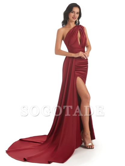 Sexy and soft satin side slit one shoulder fish tail long wedding bridesmaid dress