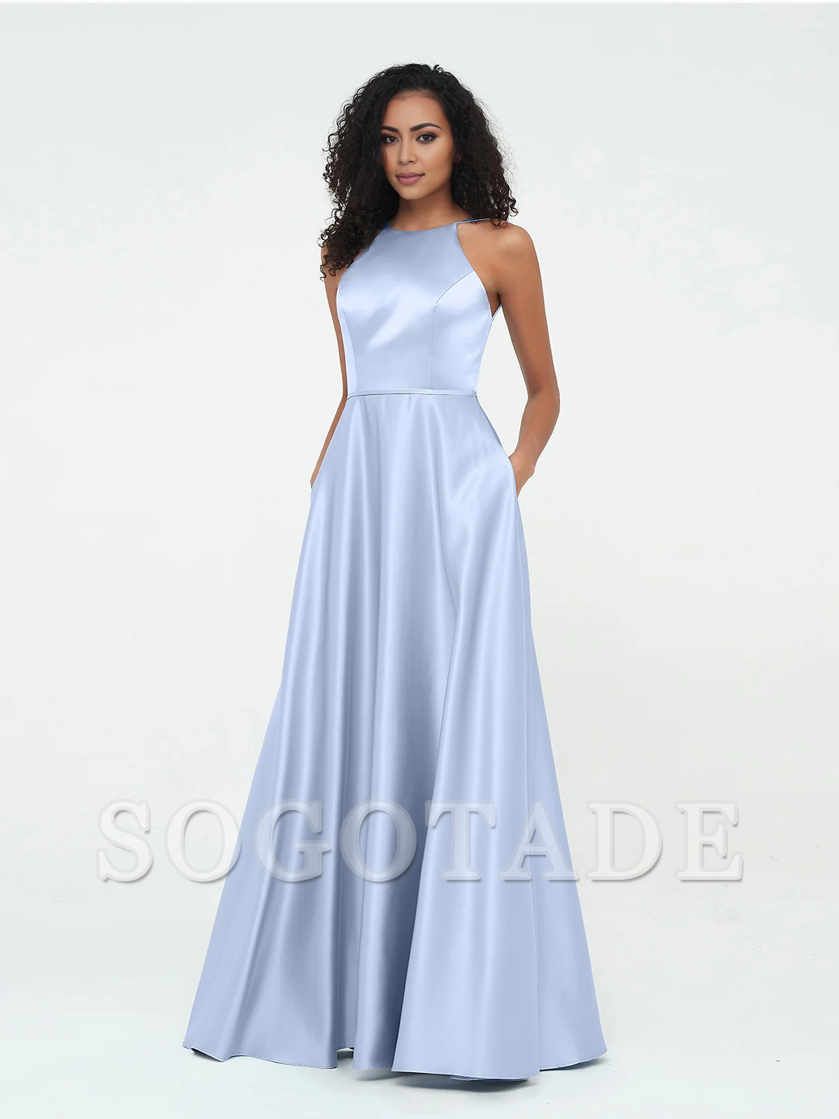 A-line hanging neck large pocket satin dress-SOGOTADE