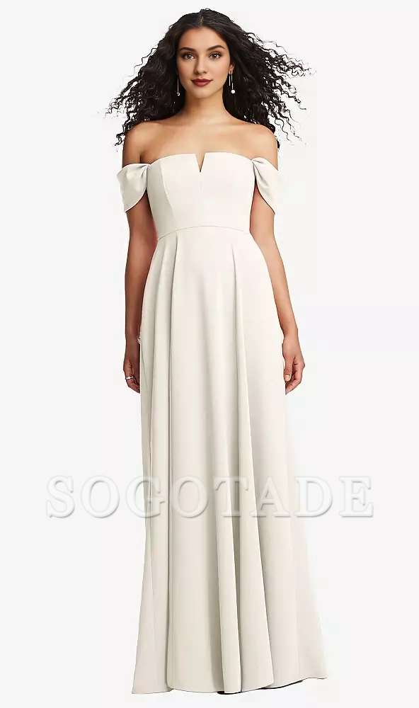 Off shoulder pleated sleeves with A-line extra long Prom dress