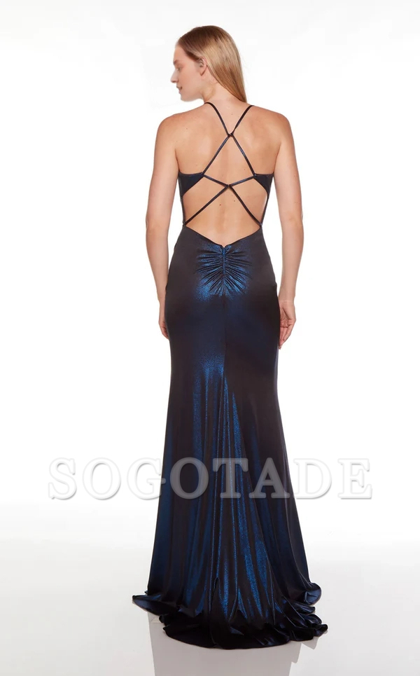 Deep V-neck thin shoulder strap satin high slit and floor length Prom dress